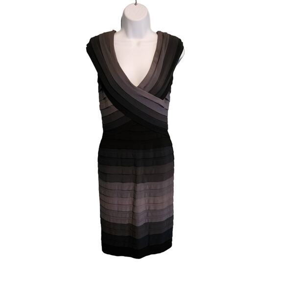 Tadashi Shoji Gray Ombre Striped Pleated Bodycon Dress V-Neck size 8 - Picture 1 of 6